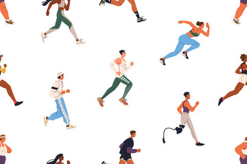 Seamless pattern, jogging and running characters. Diverse runners, joggers, sport activity, training, endless background. Repeating print, active people. Flat vector illustration for wrapping, textile