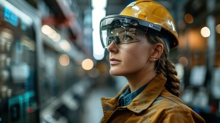 Female Engineer Wearing Safety Gear and Augmented Reality Glasses in an Industrial Setting
