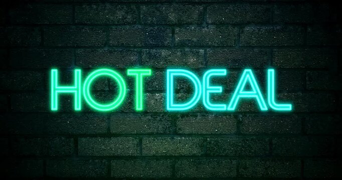 "hot deal"  promotional, neon animated red text  slogan on  the brick wall in the background | video banner, 4k video