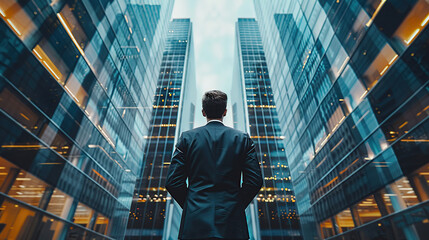 A businessman stands in front of tall glass buildings,