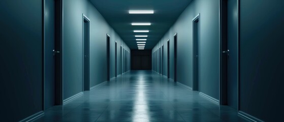 A dimly lit, eerie corridor with closed doors on either side, evoking a sense of unease and mystery as it stretches into darkness.

