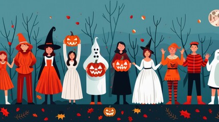 Costume party with people dressed in various Halloween costumes, spooky decorations in the background.


