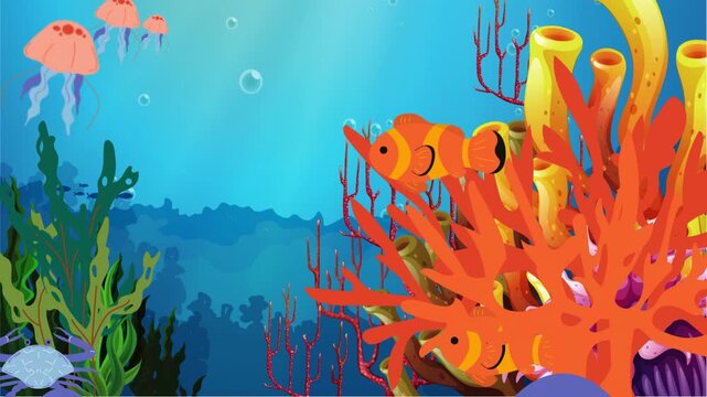 Loop Animation of Colorful Corals reef with orange nemo Fishes cartoon background