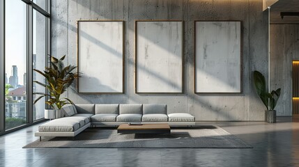 Modern Office Interior: Empty Poster Frame on Concrete Wall, Natural Light, Advertising Concept