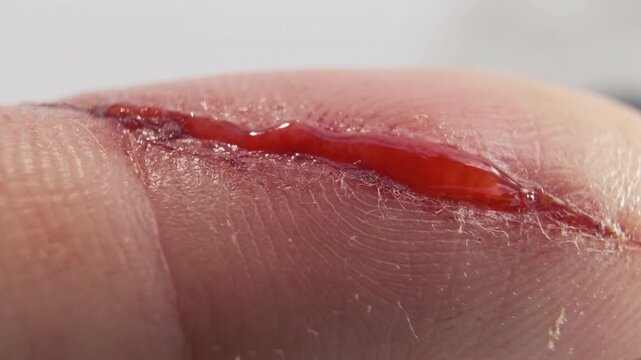 Super Macro of Bleeding finger of Male or Female. Human household or Domestic injury Indoor. Ready for antibacterial medical treatment. Health Safety Concept