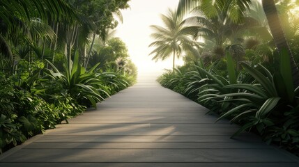 Obraz premium Serene wooden pathway surrounded by lush tropical plants and palm trees, leading to a sunlit clearing, evoking a sense of tranquility and adventure.