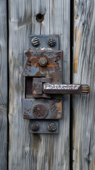 Close-Up View of a Vintage Metallic Latch Mechanism on a Weathered Wooden Door, Emphasizing the Contrast Between Metal Hardware and Natural Wood Grain