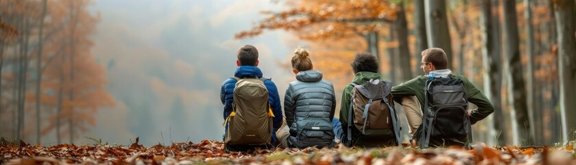 Friends with backpacks, sitting on a bed of leaves, sharing stories and excitement