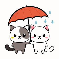 A cute and whimsical illustration of a kawaii puppy and kitten happily sharing a vibrant umbrella, embracing the rain