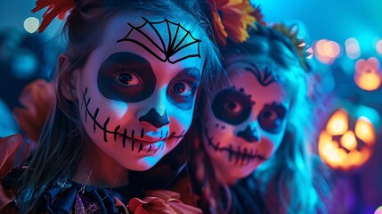Children with Halloween face paint.