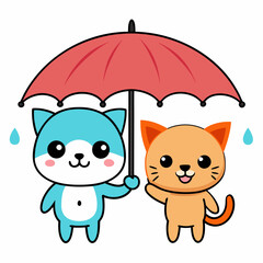 A cute and whimsical illustration of a kawaii puppy and kitten happily sharing a vibrant umbrella, embracing the rain