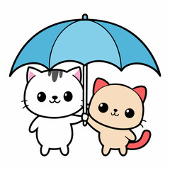 A cute and whimsical illustration of a kawaii puppy and kitten happily sharing a vibrant umbrella, embracing the rain