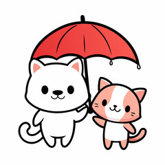 A cute and whimsical illustration of a kawaii puppy and kitten happily sharing a vibrant umbrella, embracing the rain