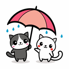 Fototapeta premium A cute and whimsical illustration of a kawaii puppy and kitten happily sharing a vibrant umbrella, embracing the rain