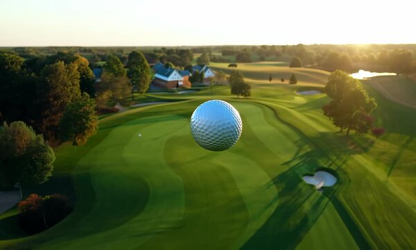 A golf ball is in the air above a green golf course. The ball is white and has a small black dot on it. Concept of excitement and anticipation, as the ball is about to be hit by a golf club