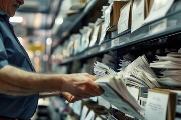 Post office clerk sorting mail during busy day, with copy space