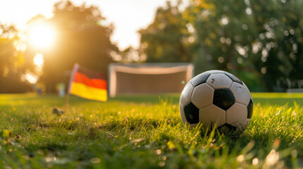 Fototapeta premium Soccer Ball on Grass Field with German Flag and Goal in Background