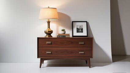 A mid-century wooden nightstand with a lamp, picture frame, and potted plant, perfect for a vintage-inspired bedroom decor.