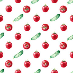 Seamless pattern with tomatoes and cucumbers on a white background. Hand-drawn watercolor illustration for wrapping paper, fabric printing, cookbooks.