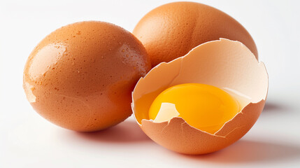 Fresh Whole and Cracked Eggs with Yolk on White Background..