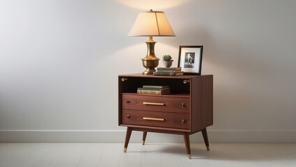 A small wooden nightstand with a lamp, picture frame, and plant, ideal for a minimalist bedroom setup.