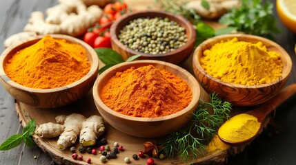 a vibrant assortment of spices displayed in wooden bowls.