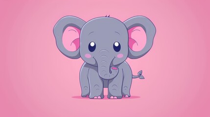 Fototapeta premium Adorable Cartoon Elephant with Big Eyes and Pink Ears on a Pink Background