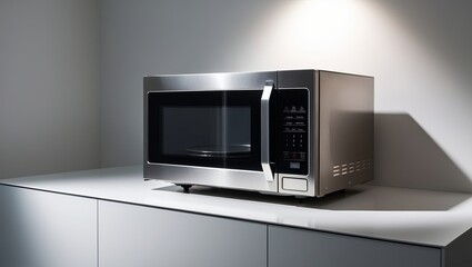 Fototapeta premium A sleek, stainless steel microwave oven on a kitchen countertop, highlighting its modern and functional design.