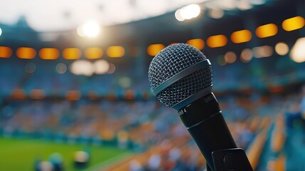  microphone on a stand near a sports field or arena, ready for live sports commentary.