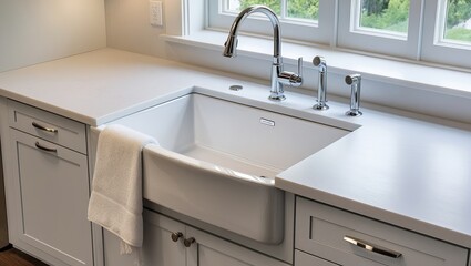 A pristine white farmhouse sink with a chrome faucet, surrounded by a bright and airy kitchen setup.