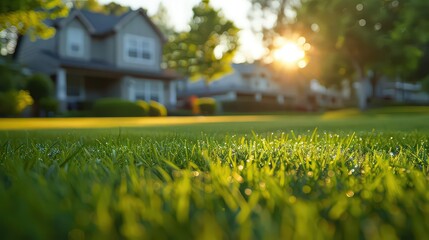 Obraz premium Multiple homes with freshly mowed lawns, showcasing a well-maintained neighborhood and community pride in lawn care.
