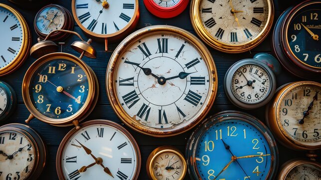  collection of clock faces showing different times, representing the diversity of time zones and the global nature of time.