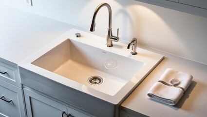 A white farmhouse sink with a chrome faucet, complemented by a bright and clean kitchen setup.