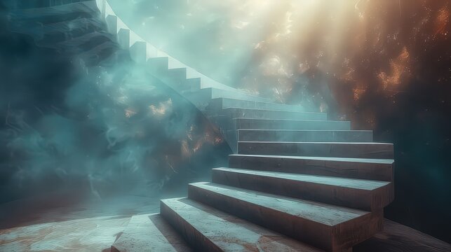 Each step of the staircase is a portal to a different world or dimension, creating a sense of an interdimensional journey.