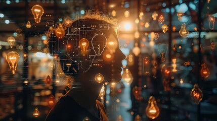  creative and thought-provoking image of a person's silhouette filled with glowing light bulbs, representing ideas and innovation. 