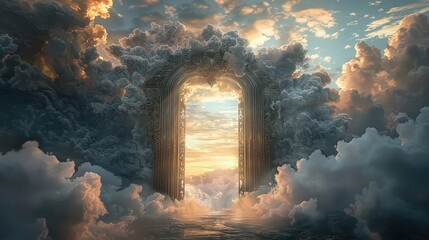 Fototapeta premium ornate gate or door opening into a realm of clouds, suggesting a passage to another world.