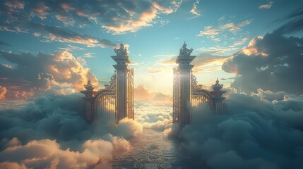 Fototapeta premium breathtaking image of a heavenly gateway above the clouds, bathed in a radiant sunrise. The majestic gates, adorned with intricate designs, open to a path leading into the ethereal sky, creating a sen