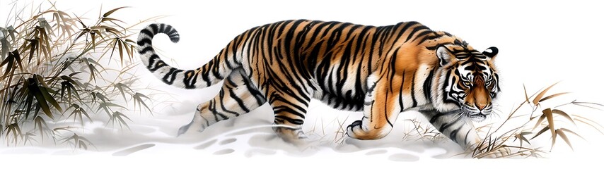 Fototapeta premium Powerful Tiger Roaming Free Stealthy Tiger in Wilderness Serene Jungle Tiger Scene Majestic Beast in Bamboo