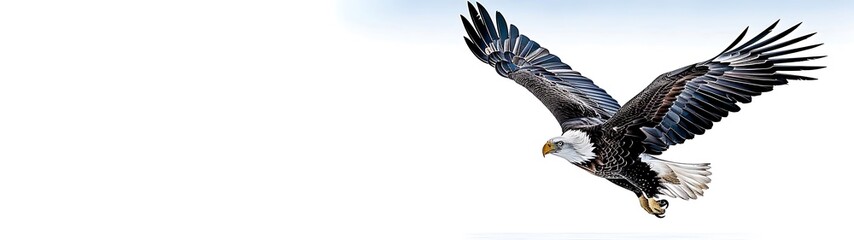 Obraz premium Eagle Gliding in Sky Graceful Eagle Wingspan A majestic eagle soaring through a clear blue sky, showcasing its powerful wings and graceful flight, a stunning view of nature and wildlife.