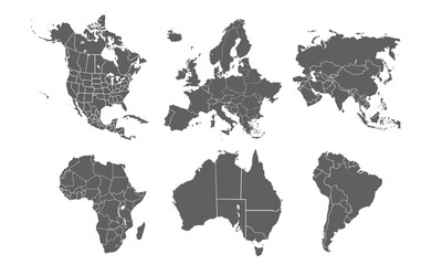 Obraz premium Territory of continents mapisolated on white background. for website layouts, background, education, precise, customizable, Travel worldwide, map silhouette backdrop, earth geography, political.
