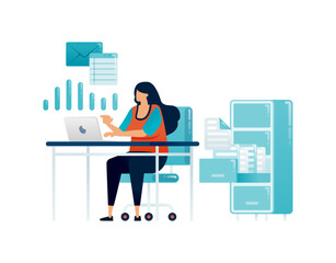 Workspace illustration of business woman working behind desk and reviewing company report archived. Can be used for poster, template, banner, cover, flyer, brochure