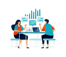 Workspace illustration of two people brainstorming about the performance and progress of companies . Can be used for poster, template, banner, cover, flyer, brochure