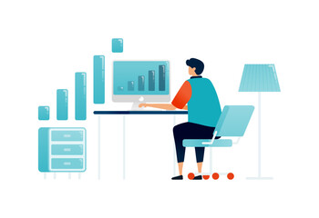Workspace illustration of businessman working behind desk and reviewing companies financial charts. Can be used for landing web, promotion, ads, websites, apps, poster