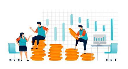 Workspace illustration of building an investment base with the metaphor of coins stacked in layers. Can be used for poster, template, banner, cover, flyer, brochure