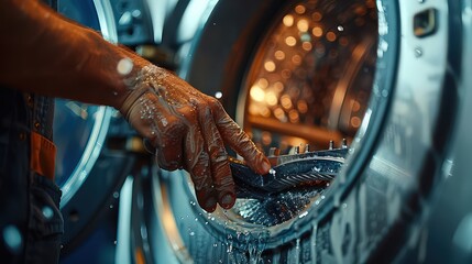 A close-up shot of a technicians hands using tools to fix a washing machine, with parts and screws visible, highlighting the intricacies of appliance repair.