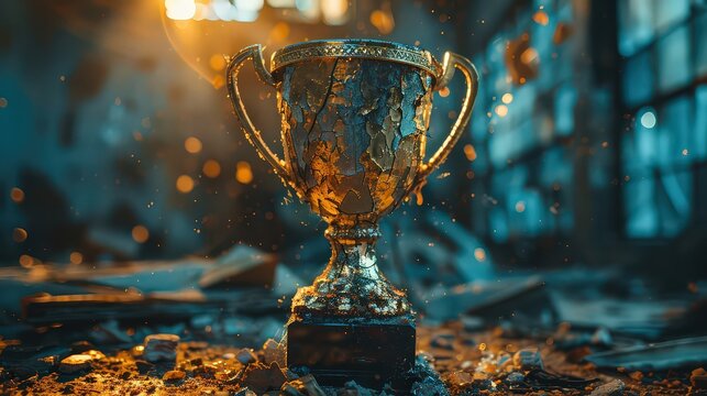  trophy that is cracked or shattered, symbolizing the fragility of success and the reality of setbacks.