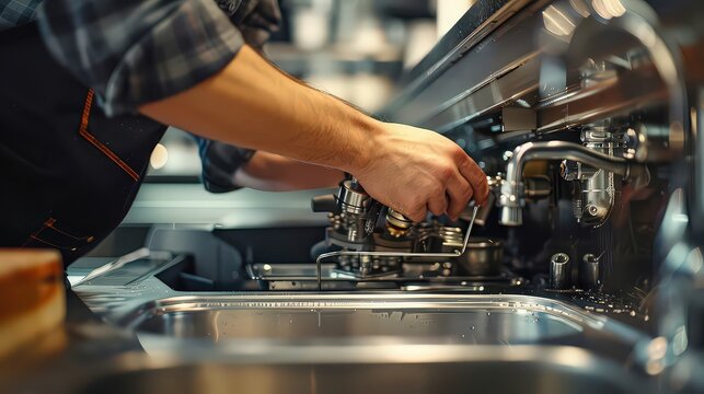  image of a person's hands working on a kitchen appliance, focusing on intricate mechanical adjustments. The setting appears to be a modern kitchen, emphasizing the technical skill and precision requi