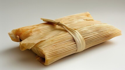 Photograph a freshly unwrapped corn tamale, with its tender masa and corn filling, set against a white background to showcase its traditional and appetizing appearance.