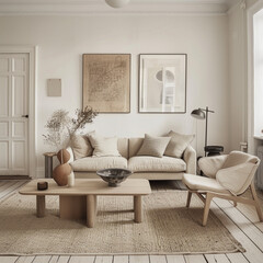 Fototapeta premium Capturing the unique blend of functionality and style in a living room adorned with minimalist scandinavian sofa furniture. 