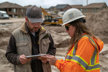 A Caucasian male civil engineer and a Hispanic female engineer discussing a project on a construction site